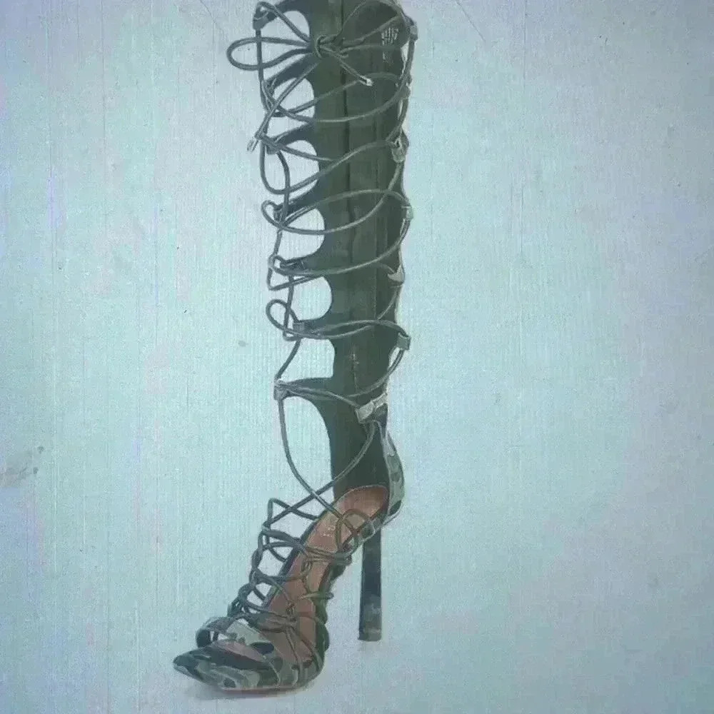 GIANNI BINI RYDELLE SUEDE CAMP PRINT TALL ANKLE WRAP LACE UP DRESS SANDALS - Picture 4 of 8